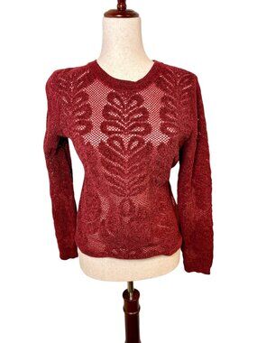 Burgundy Red Open Knit Sweater Sheer Boho Festival Large